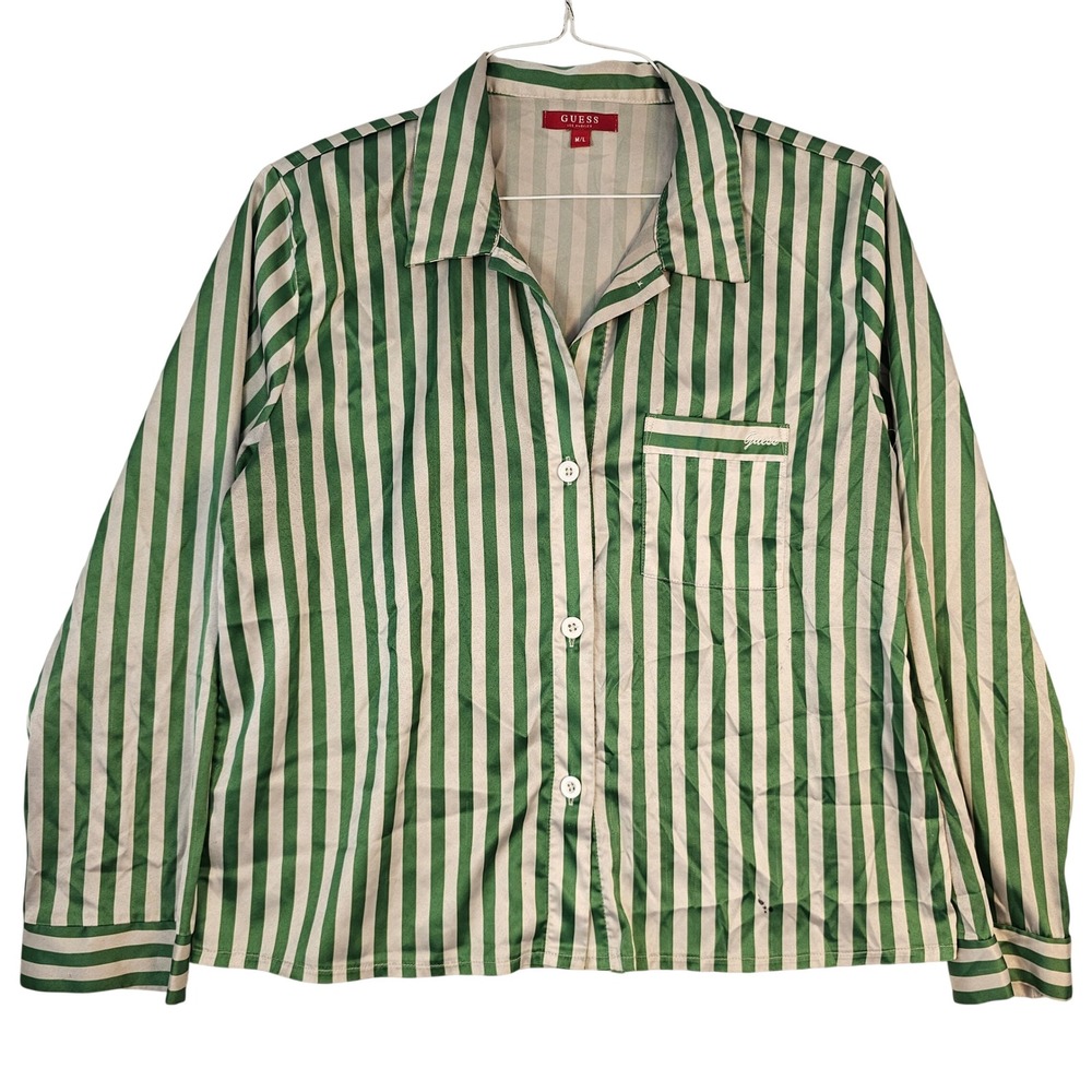 Guess Los Angeles Green Striped Satin Pajama Top Button Down M/L